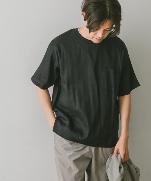 URBAN RESEARCH DOORS(アーバンリサーチドアーズ)/ストレッチリネンクルーネックTシャツ/BLACK