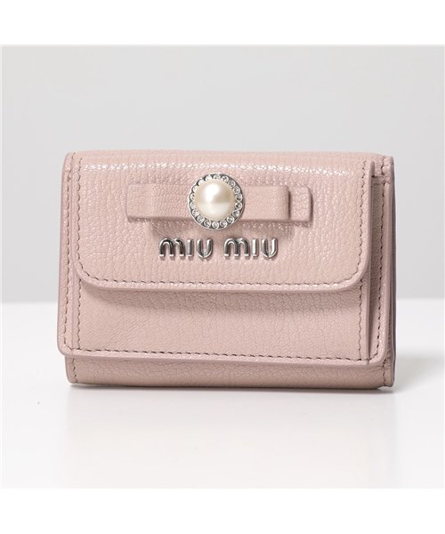 MIUMIU(ミュウミュウ)/【MIUMIU(ミュウミュウ)】三つ折り財布 MADRAS マドラス 5MH021 2F3R レディース レザー パール リボン ミニ財布 豆財布 小銭入れ付き/ピンク