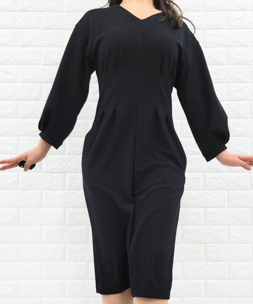 ウエストタックパフスリーブワンピー 七分袖 パーティードレス ミモレ丈 膝下 結婚式 ワンピース フォーマル ブルー グレー ブラック Ol 二次会 披露宴 レースレディース Lace Ladies Magaseek