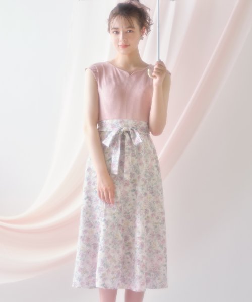 tocco closet(トッコクローゼット)/ウエストりぼん付きハートネックリブカットソー×フラワープリントドッキングワンピース/PINK