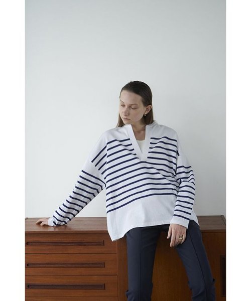 CLANE(クラネ)/WIDE HENRY NECK BORDER TOPS/WHITE