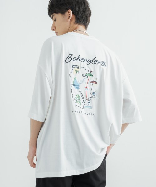 Rocky Monroe(ロッキーモンロー)/Tシャツ 半袖 カットソー メンズ レディース ビッグシルエット オーバーサイズ ゆったり ルーズ ワイド クルーネック スーベニア刺繍 地図柄 マップ TC天/オフホワイト