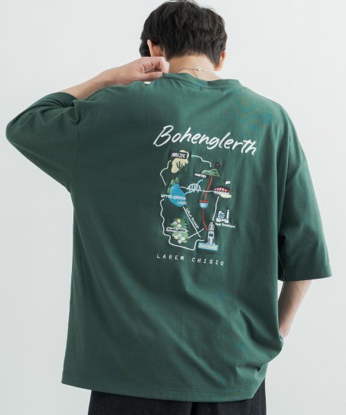 Rocky Monroe(ロッキーモンロー)/Tシャツ 半袖 カットソー メンズ レディース ビッグシルエット オーバーサイズ ゆったり ルーズ ワイド クルーネック スーベニア刺繍 地図柄 マップ TC天/ダークグリーン
