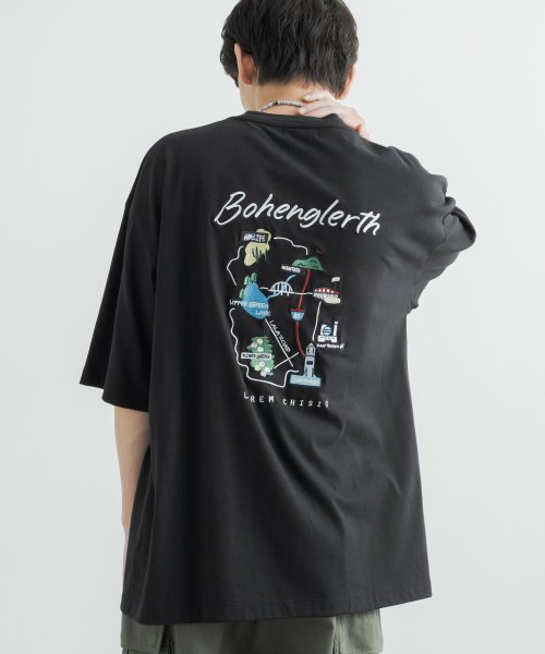 Rocky Monroe(ロッキーモンロー)/Tシャツ 半袖 カットソー メンズ レディース ビッグシルエット オーバーサイズ ゆったり ルーズ ワイド クルーネック スーベニア刺繍 地図柄 マップ TC天/ブラック