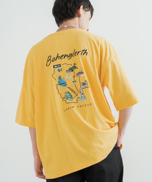 Rocky Monroe(ロッキーモンロー)/Tシャツ 半袖 カットソー メンズ レディース ビッグシルエット オーバーサイズ ゆったり ルーズ ワイド クルーネック スーベニア刺繍 地図柄 マップ TC天/イエロー