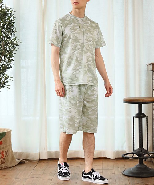 セール セットアップ メンズ 上下セット 吸汗速乾加工 ドライメッシュ クルーネック 半袖 Tシャツ 総柄 カモフラ迷彩柄 リーフ柄 ショートパンツ ショーツ 男女兼用 トップイズム Topism Magaseek