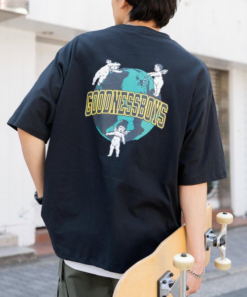 Rocky Monroe(ロッキーモンロー)/Tシャツ 半袖 カットソー 白T メンズ レディース バックプリント エンジェル 天使 地球 アース ヘビーウェイト 米綿 USAコットン ビッグシルエット オ/ブラック