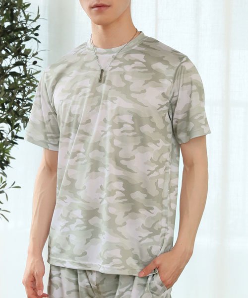 セール Tシャツ メンズ 吸汗速乾加工 ドライメッシュ クルーネック 半袖 総柄 カモフラ迷彩柄 リーフ柄 男女兼用 ユニセックス ルームウェア 部屋着 アウトドア リ トップイズム Topism Magaseek