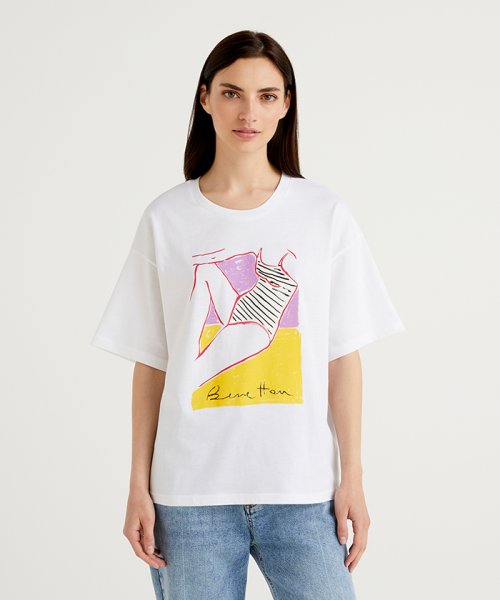 BENETTON (women)(ベネトン（レディース）)/フロントプリント半袖Tシャツ・カットソー/ホワイト