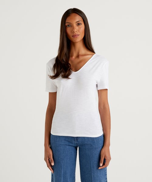 BENETTON (women)(ベネトン（レディース）)/Vネックカシュクール半袖Tシャツ・カットソー/ホワイト