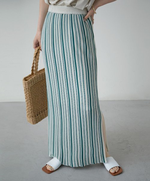 レディース タイトスカート セットアップ対応 ウエストゴム カラーストライプ リネンライクニットスカート ペンシルスカート スリム 細見え サイドスリット 抜け ファッションレター Fashion Letter Magaseek