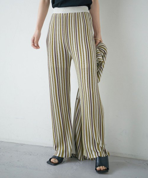 セール リネンライク ストライプ ストレートパンツ レディース ボトム ストレート スリム パンツ ウエストゴム ニットパンツ 柄 麻タッチ リネンライク ロングパンツ ファッションレター Fashion Letter Magaseek
