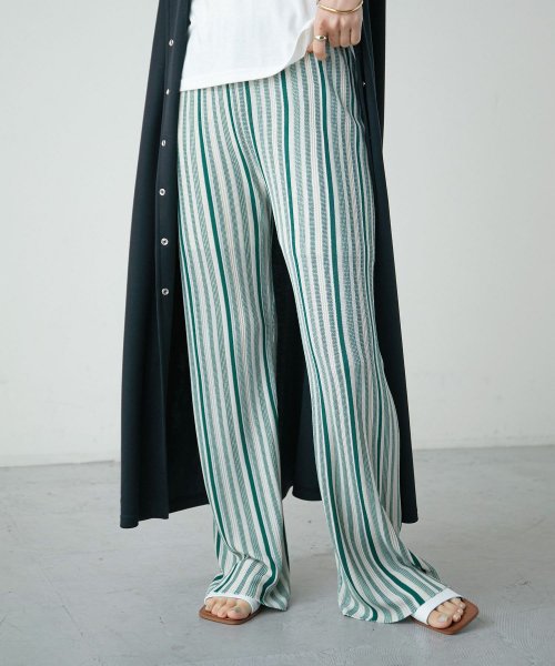 セール リネンライク ストライプ ストレートパンツ レディース ボトム ストレート スリム パンツ ウエストゴム ニットパンツ 柄 麻タッチ リネンライク ロングパンツ ファッションレター Fashion Letter Magaseek