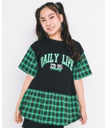 ZIDDY(ジディー)/チェック 切り替え 裏毛 ロゴ レイヤード Tシャツ (130~160cm)/グリーン系