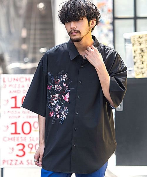 Ciao 花柄パネルプリント半袖シャツ メンズ ブランド 半袖 花柄 フラワー 蝶 トップス ローズ プリント トップス 大きいサイズ ブラック ホワイト 黒 エスビーセレクト Sb Select Magaseek