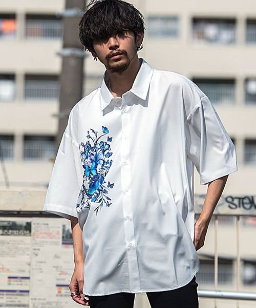 Ciao 花柄パネルプリント半袖シャツ メンズ ブランド 半袖 花柄 フラワー 蝶 トップス ローズ プリント トップス 大きいサイズ ブラック ホワイト 黒 エスビーセレクト Sb Select Magaseek