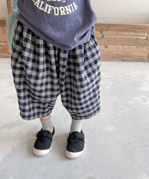aimoha(aimoha（アイモハ）)/aimoha－KIDS－ 韓国子供服　ギンガムチェック柄7分丈パンツ/ブルー