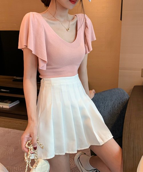 Jasmine Vネック半袖フレアスリーブニットトップス 韓国ファッション ワンピース ハイウエスト セクシー スカート 春服 ショート丈トップス 量産型 Aimoha アイモハ Aimoha Magaseek