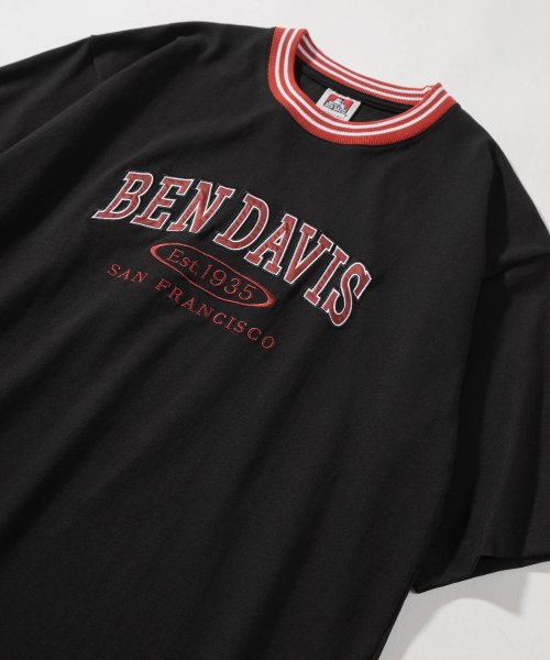 BEN DAVIS(BEN DAVIS)/【BEN DAVIS/ベンデイビス】リブライン カレッジロゴワッペン 半袖Tシャツ/UNIVERSITY TEE/ビッグシルエット/リンガーTシャツ/ブラック