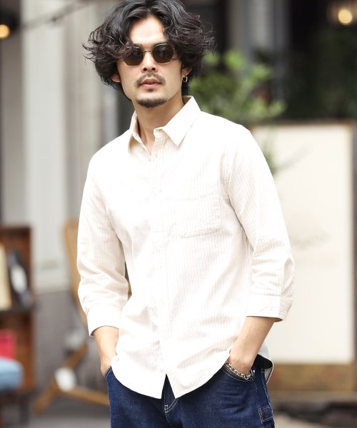 セール 綿麻先染めストライプ7分袖シャツ メンズ カジュアル 綿麻 リネン 7分袖 シャツ トップス レギュラーカラー ストライプ ジギーズショップ Jiggys Shop Magaseek