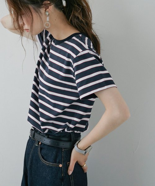 Fashion Letter(ファッションレター)/マルチボーダー Tシャツ レディース 半袖 五分袖 シャツ ボーダーT トップス ボーダー ティーシャツ レイヤード ゆったり Uネック ラウンドネック カット/ネイビー