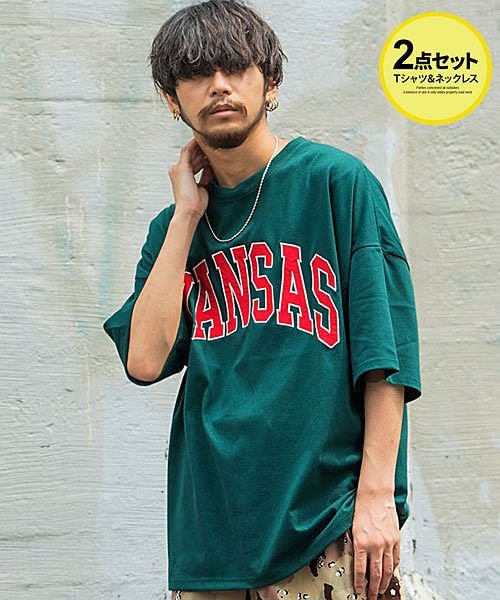 Cavaria ネックレス付きカレッジロゴビッグtシャツ メンズ ブランド おしゃれ 半袖 大きいサイズ ビッグシルエット オーバーサイズ カレッジロゴ プリン キャバリア Cavaria Magaseek