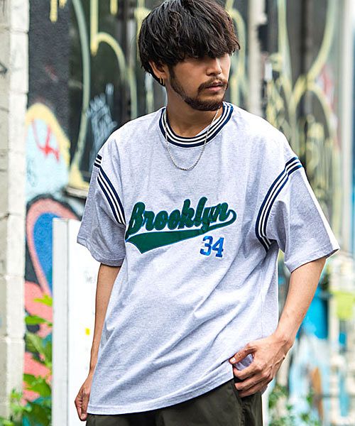 Quash ラインリブ半袖ビッグカレッジTシャツ メンズ 半袖 ブランド おしゃれ 大人 大きいサイズ ブルックリン カレッジロゴ 90s 古着  下北系 プリン