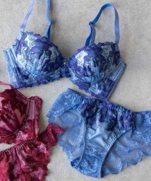 fran de lingerie(フランデランジェリー)/華あり刺繍のノンワイヤー しっかり盛れるノンワイヤー 「スタイルアップワイヤレスビターセクシー ペアブラジャー（ワイヤー有り）」 ブラジャーショーツセット/ブルー系1