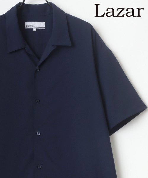 LAZAR(ラザル)/【Lazar】ドレープ トロミ ムジ 総柄 オーバーサイズ オープンカラー S/Sシャツ メンズ シャツ 半袖 開襟シャツ/ネイビー