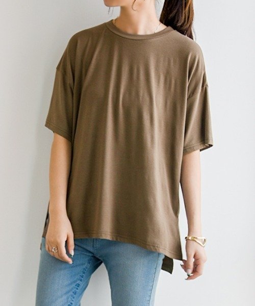 セール ひんやりストレッチゆるtシャツ トップス カットソー 半袖 レディース Tシャツ 春夏 接触冷感 涼感 涼しい 伸縮性 伸びる シンプル 無地 ホワイト モカ アンドイット And It Magaseek