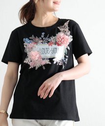 Sawa a la mode(サワアラモード)/小鳥とお花舞う花モチーフ付きロゴTシャツ/ブラック