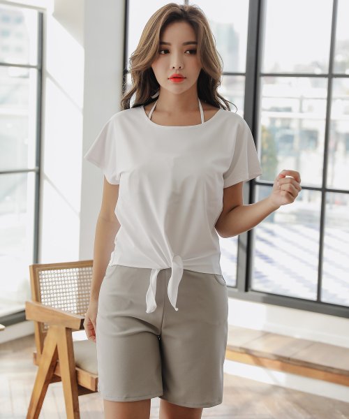 半袖tシャツショートパンツ付フレアホルタービキニ水着4点セット レースレディース Lace Ladies Magaseek