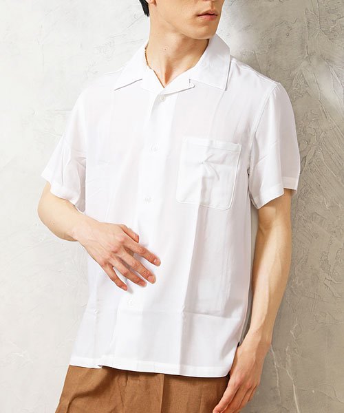 TopIsm(トップイズム)/オープンシャツ メンズ シャツ 半袖 レーヨン100％ 開襟シャツ 無地 カジュアルシャツ/ホワイト系1