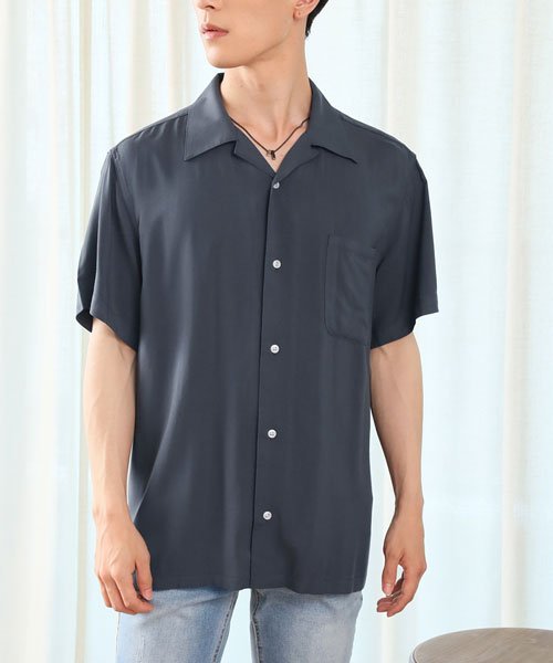 TopIsm(トップイズム)/オープンシャツ メンズ シャツ 半袖 レーヨン100％ 開襟シャツ 無地 カジュアルシャツ/チャコールグレー