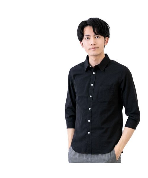  GENELESS(GENELESS)/リネン シャツ メンズ 七分袖 ストレッチ 綿麻 麻 コットンリネン M L LL XL 大きいサイズ/ブラック