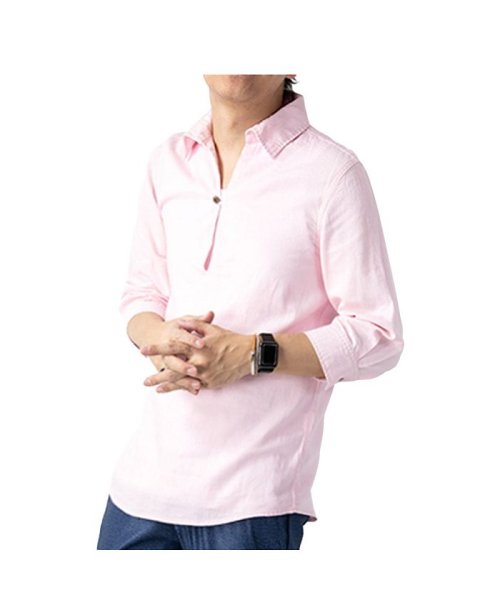  GENELESS(GENELESS)/シャツ メンズ プルオーバー プルオーバーシャツ フレンチリネン 麻 半袖 7分袖 半袖シャツ カジュアル ゴルフウェア/ピンク