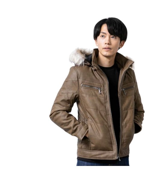 中綿ジャケット メンズ 冬 アウター ダウンジャケット Puレザー 合成皮革 暖かい 防寒 ブルゾン Geneless Geneless Magaseek