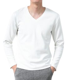  GENELESS(GENELESS)/Tシャツ メンズ 長袖 Vネック トップス インナー ストレッチ ロンT 長T バイアス ストライプ/ホワイト