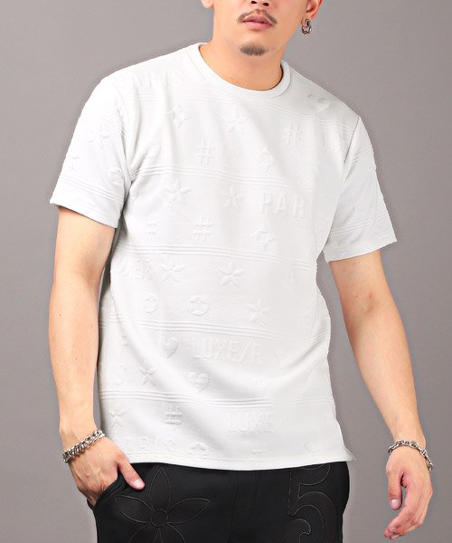 セール Luxe R ラグジュ ふくれジャガード総柄ストレッチtシャツ Tシャツ メンズ 半袖 総柄 ふくれジャガード ロゴ ラグスタイル Luxstyle Magaseek