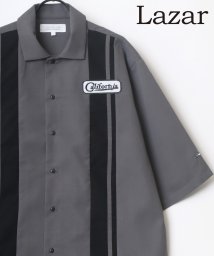 LAZAR(ラザル)/【Lazar】ビッグシルエット ワッペン 刺繍 バイカラー ストライプ ワークシャツ 半袖 メンズ シャツ/チャコール