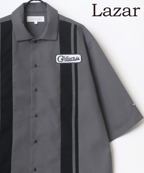 LAZAR(ラザル)/【Lazar】ビッグシルエット ワッペン 刺繍 バイカラー ストライプ ワークシャツ 半袖 メンズ シャツ/チャコール