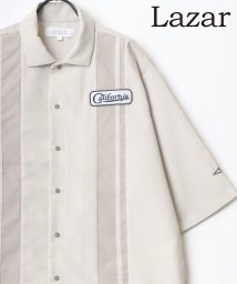 LAZAR(ラザル)/【Lazar】ビッグシルエット ワッペン 刺繍 バイカラー ストライプ ワークシャツ 半袖 メンズ シャツ/ベージュ