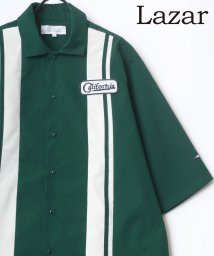 LAZAR(ラザル)/【Lazar】ビッグシルエット ワッペン 刺繍 バイカラー ストライプ ワークシャツ 半袖 メンズ シャツ/グリーン