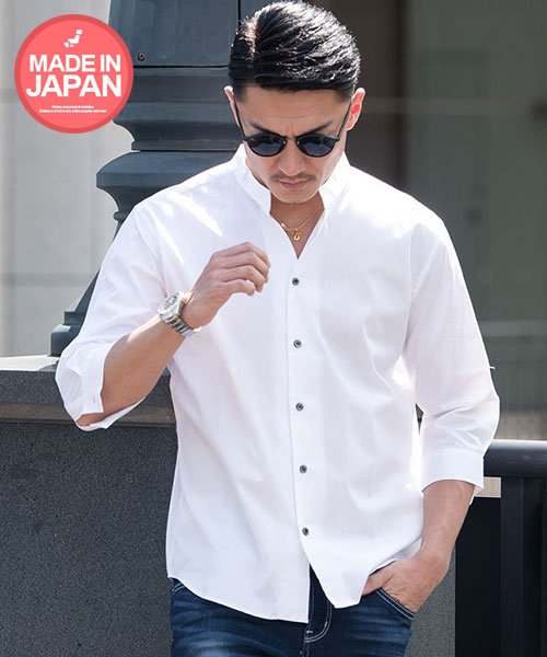Cavaria 日本製スキッパーデザイン7分袖バンドカラーシャツ メンズ 7分袖 七分袖 ブランド おしゃれ 日本製 トップス カジュアルシャツ 薄手 バンド キャバリア Cavaria Magaseek