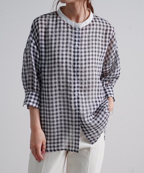 Fizz(フィズ)/シアーチェックボリューム五分袖シャツ　配色衿 バンドカラー/ブラック