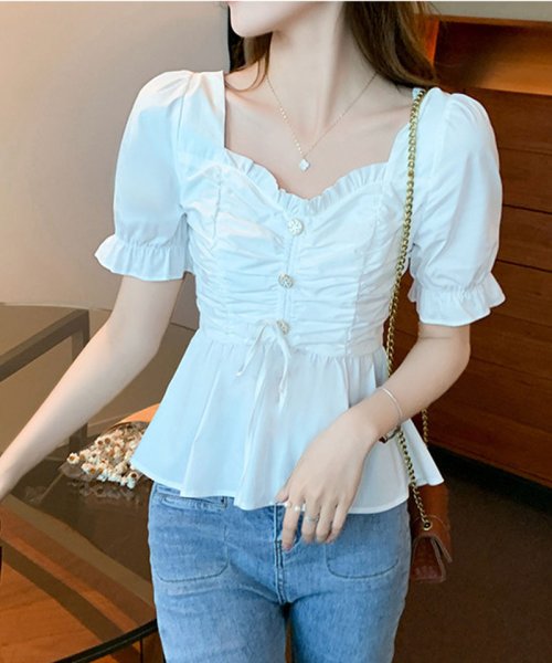 夏服 フリルブラウス 半袖 スクエアネック ショート丈 トップス オルチャン 学生 デート ホワイト 白 レディース 韓国ファッション ショッピングゴー Shoppinggo Magaseek