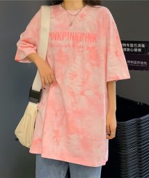 felt maglietta(フェルトマリエッタ)/タイダイロゴ刺繍Tシャツ/ピンク