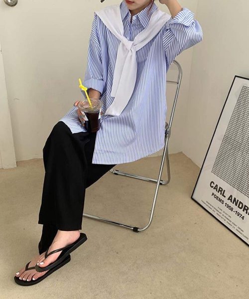 ブルー ストライプシャツ Ma 即納 トップス ブラウス シャツ オーバーサイズ 羽織り 長袖 ストライプ 青 レディース 韓国 プチプラ 流行り トレンド ショップにこにこ Shopnikoniko Magaseek