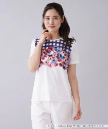 Leilian(レリアン)/チェック×フラワー柄クルーネックTシャツ/レッド 