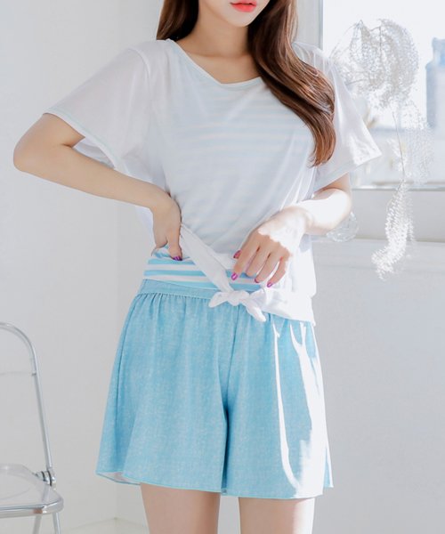 レースレディース Lace Ladies Tシャツ ショートパンツ付きボーダータンキニ水着4点セット Magaseek